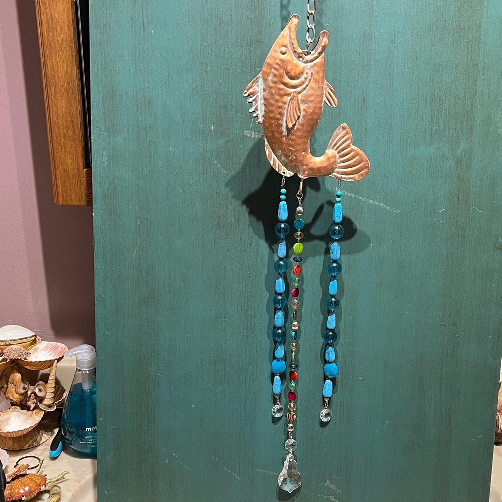 Copper Fish Sun Catcher with Blue and Red Beads